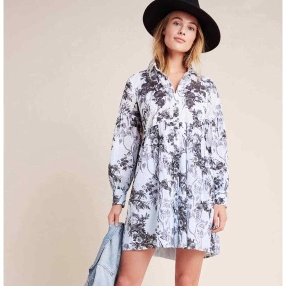 Anthropologie Lavinia White Blue Floral Embroidered Long Sleeve Shirtdress NWT - Picture 2 of 16